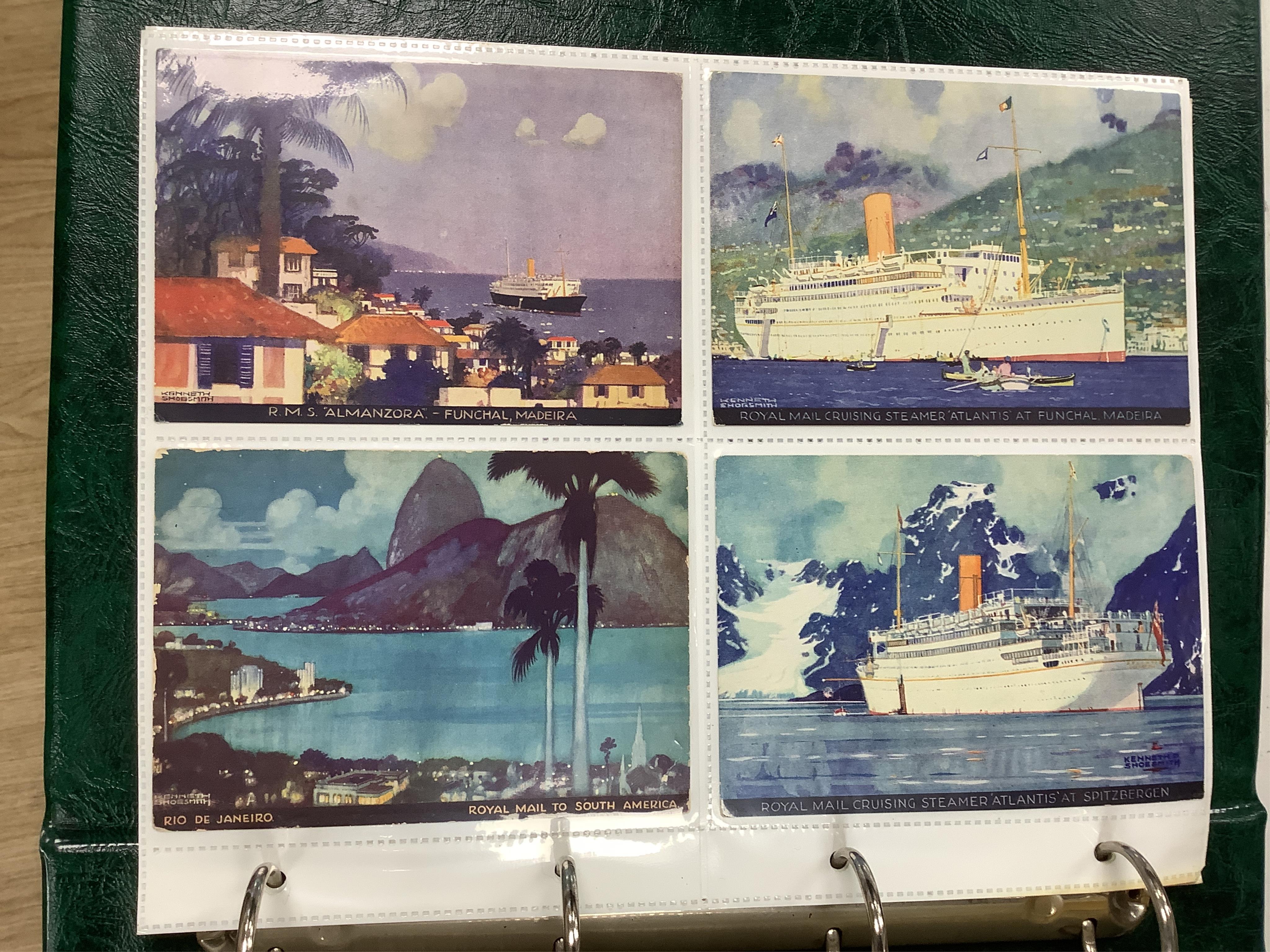 A box and two folders of postcards and a few cigarette cards, mainly relating to the Royal Mail Steam Packet Company and Royal Mail Lines Ltd., including a good quantity of 1930s and later postcards of cruise ships, many